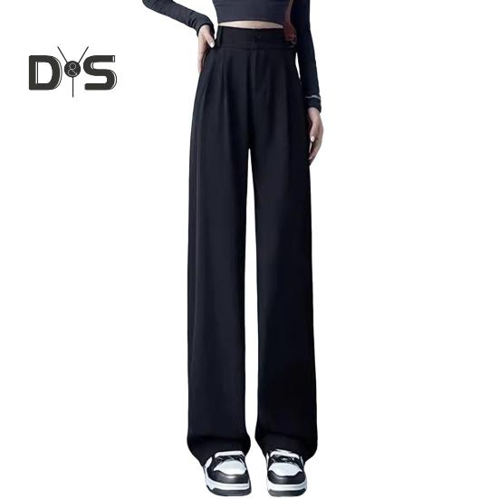 Women Pants High Waist Straight Wide Leg Trousers with Pockets Button Zipper Fly Solid Color Loose Fit Suit Pants Work Wear