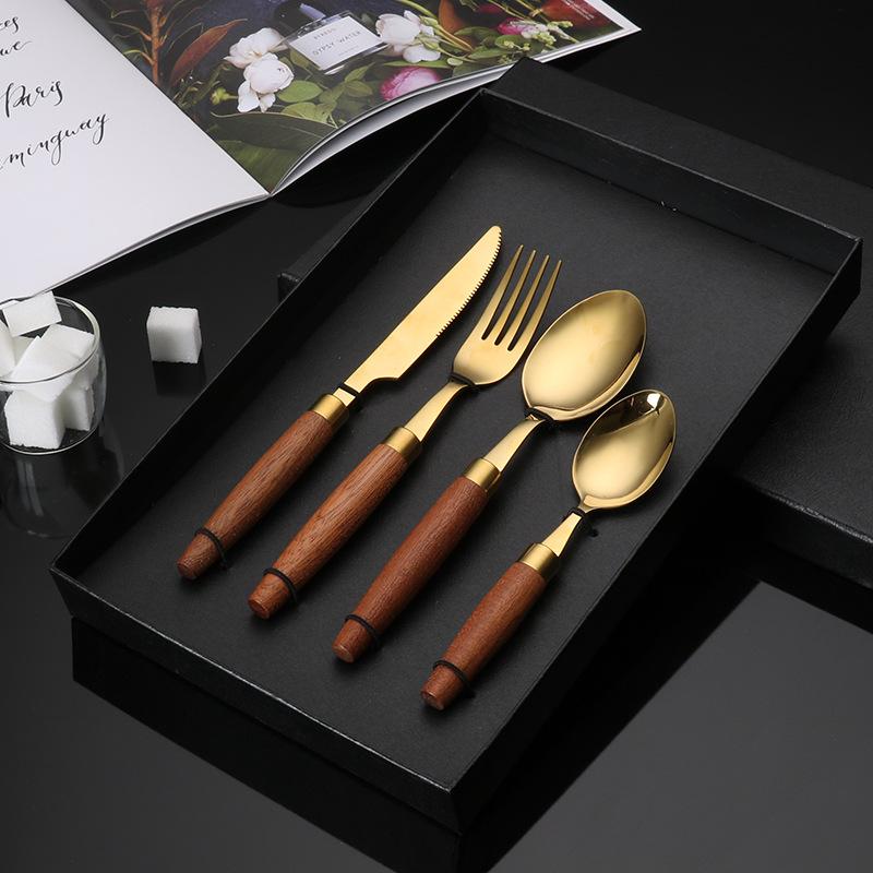 Столовые приборы из нержавеющей стали 304, вилка, ложка, палочки для еды, деревянная ручка, подарок в стиле западной кухни, кухонная посуда, полные наборы