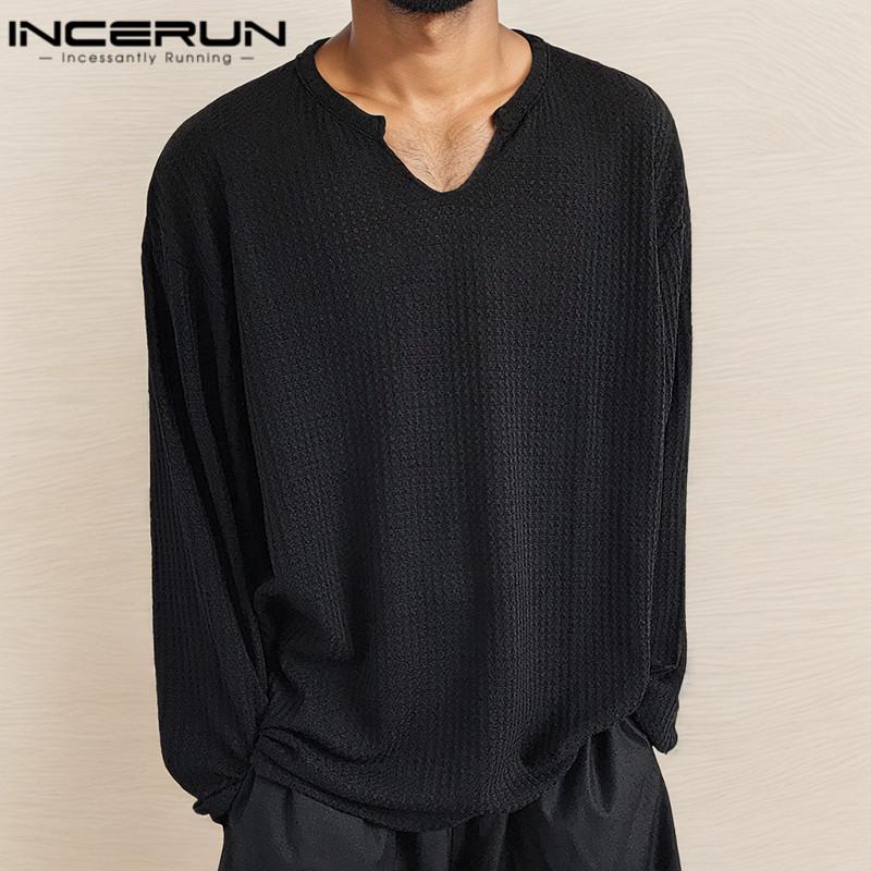 INCERUN Spring Mens Long Sleeve V Neck Solid Color Loose Spring Autumn Tops