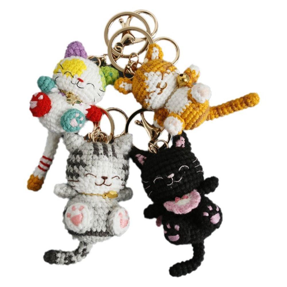 Animal Handwoven Cat Pendant Handmaking Cat Key Chain Multi-color Crochet Kitten Keyrings Backpack