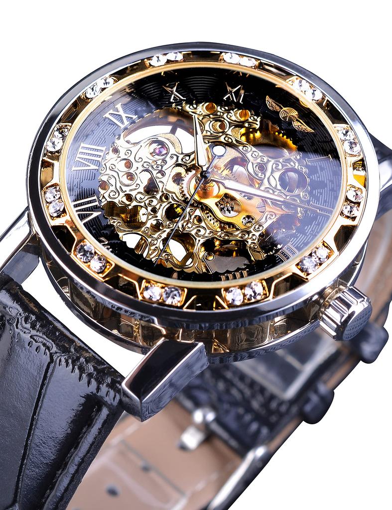 Winner Retro Manual Mechanical Skeleton Watch Diamond and Carving Flower Craft Skeleton Watch Mechanical Classic Roman Skeleton Men's Numeral, Black,
