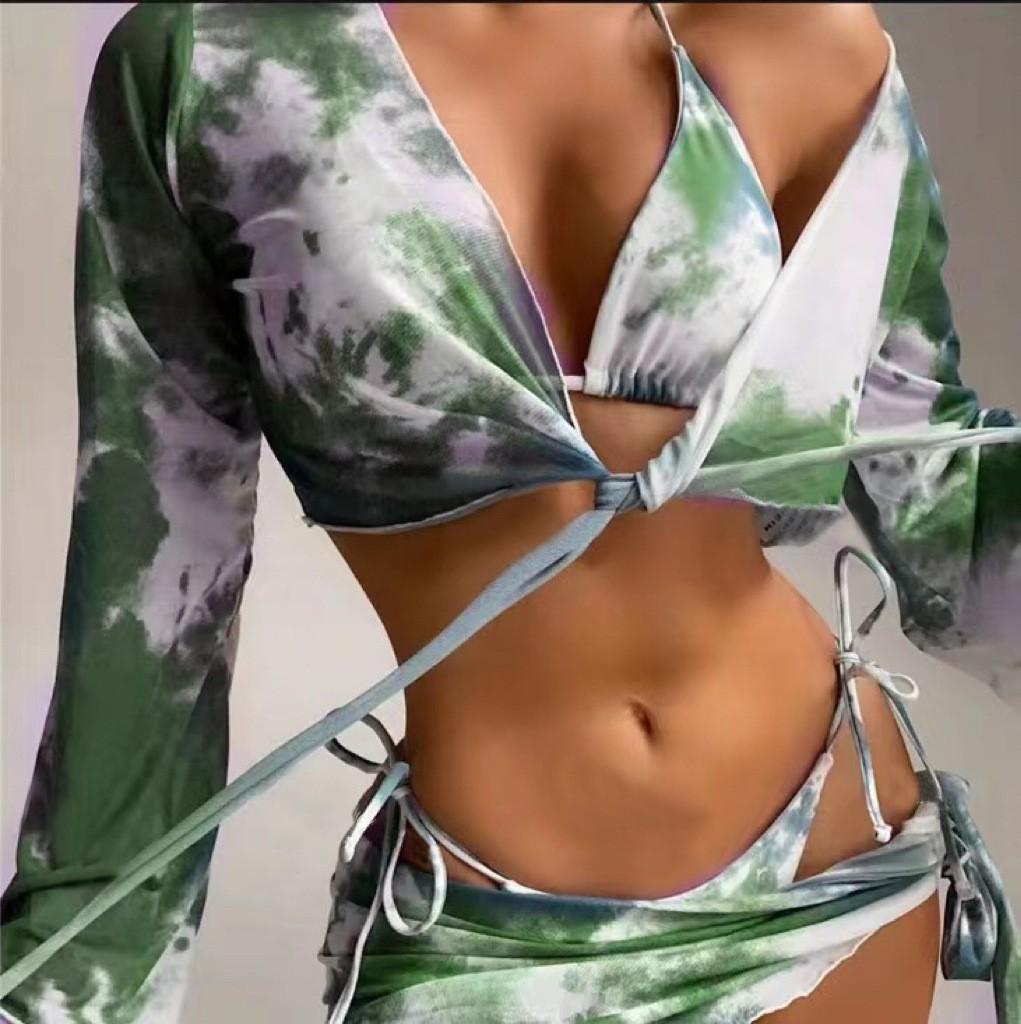 Women's Fashion Split Slim Solid Color Hanging Neck Three Sets Of Bikini Beach Dress Set (3 Sets With Chest Pads Without Steel Bra)