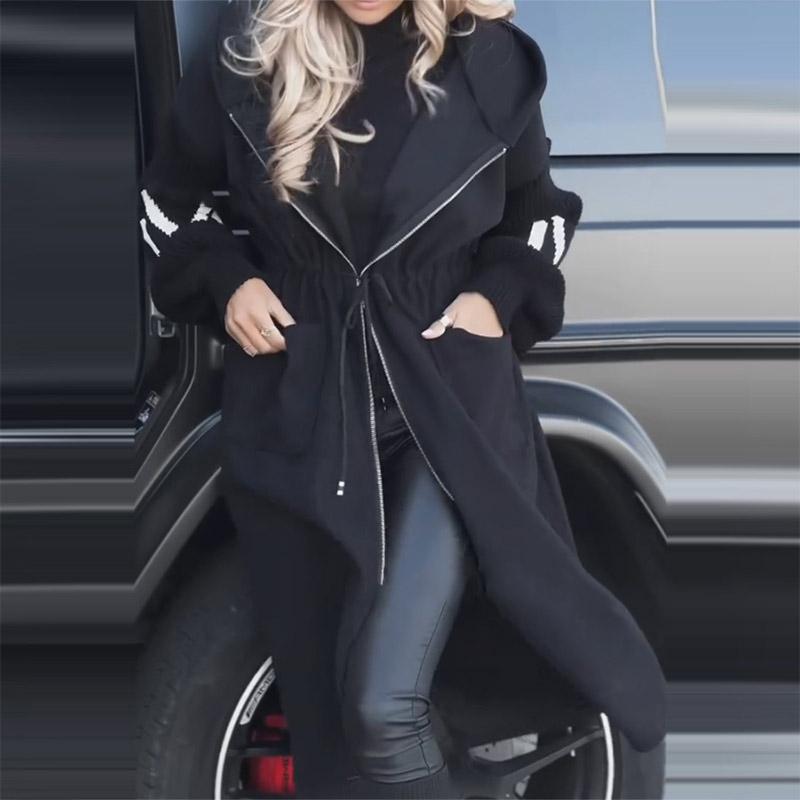 Женское Модное Осенне-Зимнее Пальто с Капюшоном Свободного Кроя с Карманами Длинное Лоскутное Тренч-Пальто