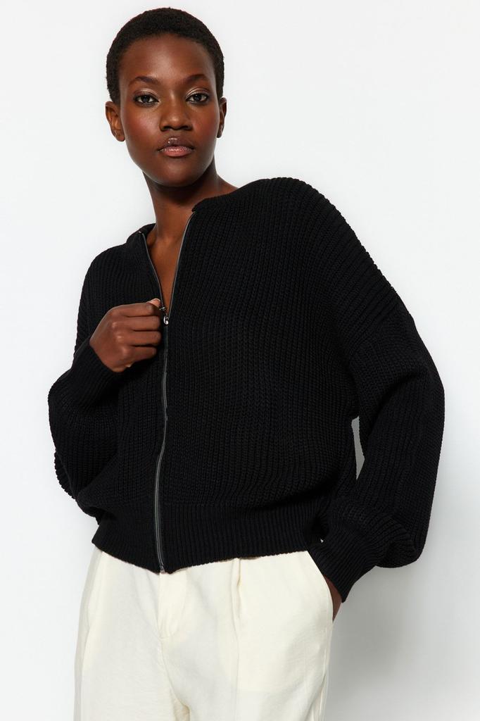 Women's Fashionable Stylish Cardigan Black Wide Fit Bomber Collar Zippered Knitwear Cardigan