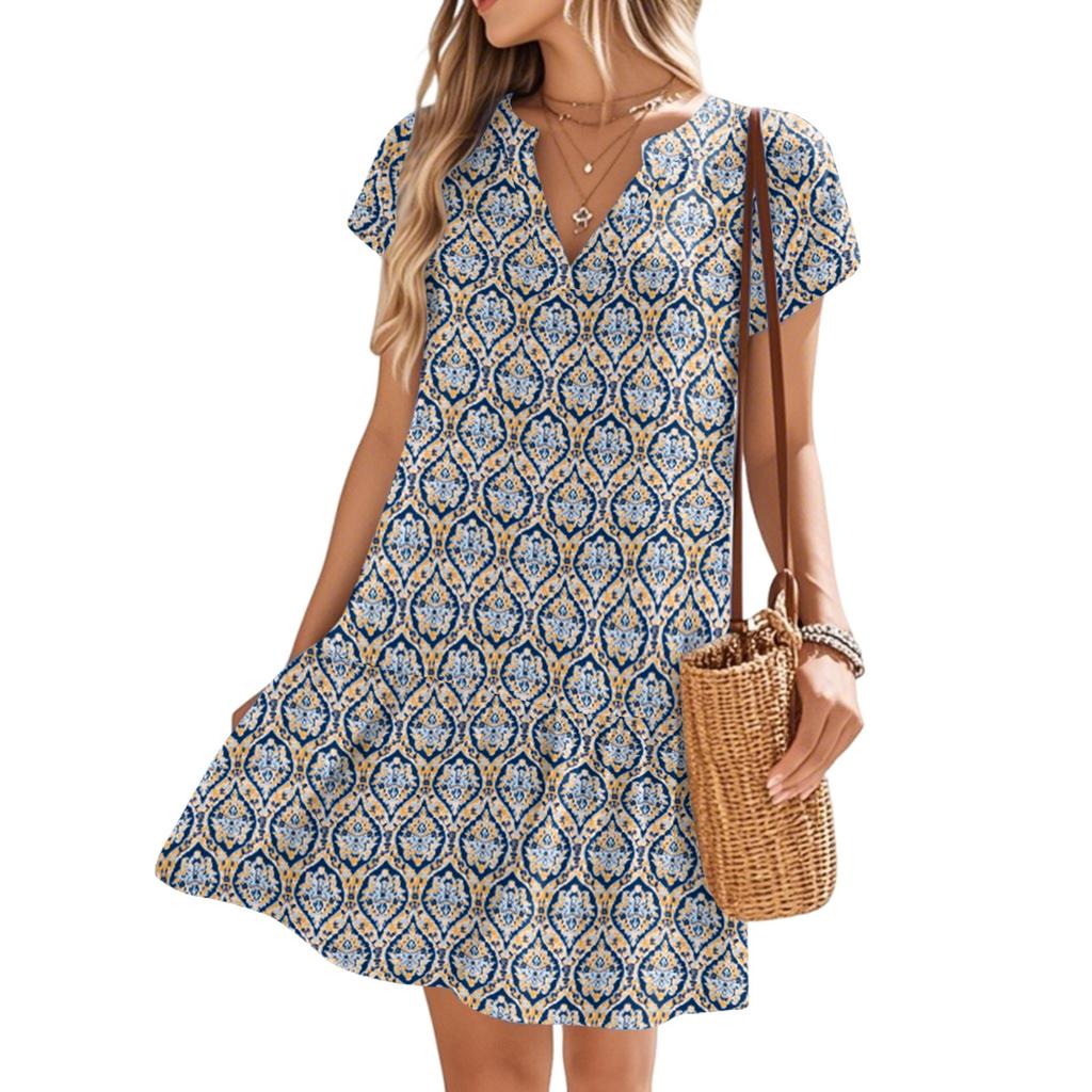 Women's Dresses Short Sleeve V-Neck Floral Printed Loose Casual Temperament Beach Dresses