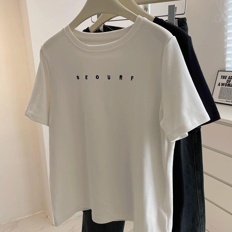 Женская модная футболка с вышивкой и короткими рукавами - Матовая, приталенного кроя, однотонная футболка с круглым вырезом для осени