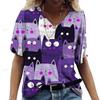 2024 New Women's Short-Sleeved T-Shirt V-Neck Printed Kitten Pattern Oversized Women's Blouse Y2K Style Summer Casual Breathable