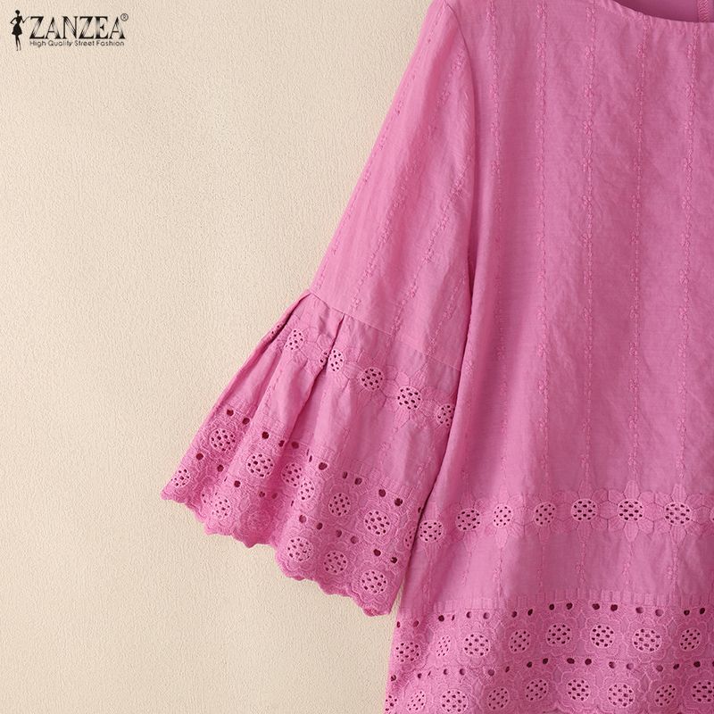 ZANZEA Женская повседневная блузка с круглым вырезом, рукавом 3/4, свободного кроя, с вышивкой и пэчворком