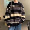 Men's Loose Stripe Crew Neck Sweater Autumn Oversized Knitted Pullover Winter Warm Knitwear