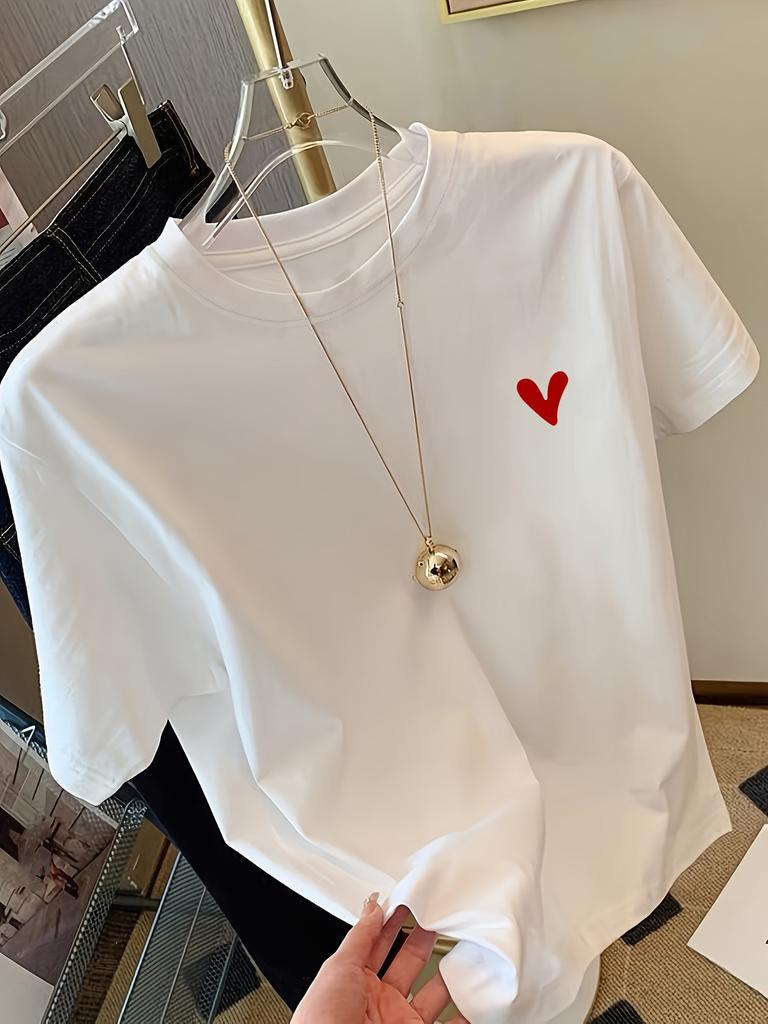 Womens Y2k Summer Printed Tshirt Loose Short Sleeve Red Heart Pattern Top Machine Washable Casual Street Style Tshirt