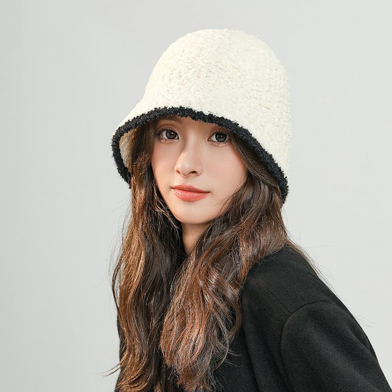 Панама женская осенне-зимняя простая модная японская универсальная шляпа с цветными блоками, показывающая лицо, закрывающая маленькое лицо, плюшевая шляпа рыбака