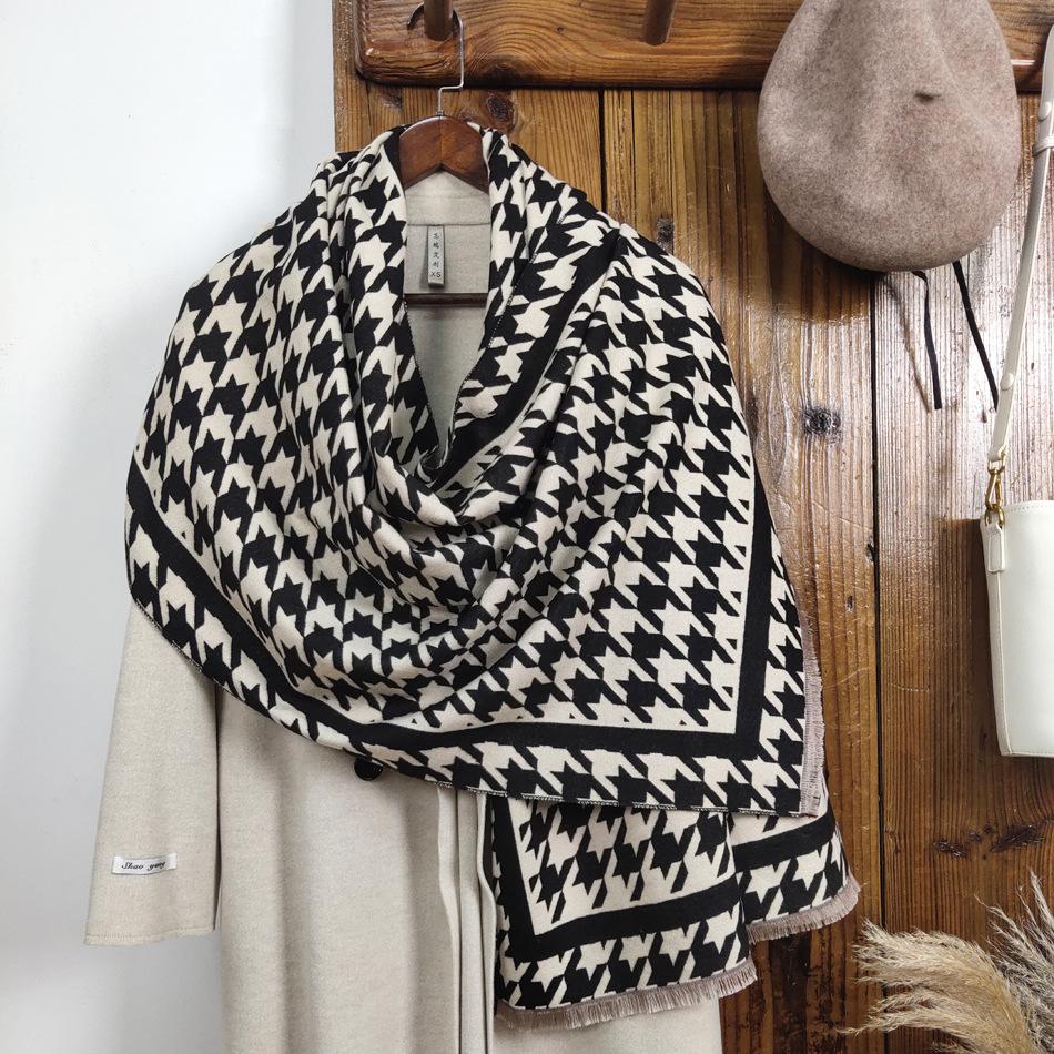 Women's winter scarf, versatile and high-end, made of faux cashmere, double-sided houndstooth pattern, thickened for warmth and protection from the
