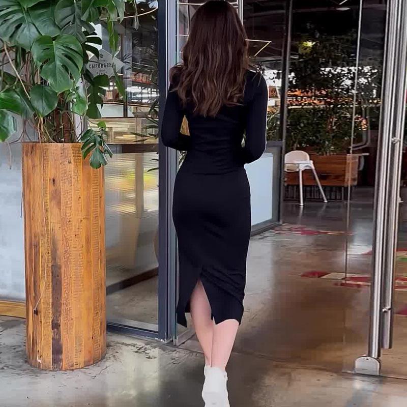 Европейское и американское женское платье бодикон с V-образным вырезом и длинным рукавом - Удобное, Повседневное, Стройнящее