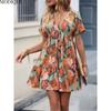 MODIQUE 2025 Лето Плюс Размер Новое Женское Сексуальное Повседневное Цветочное Принтованное Короткое Платье Женское Платье X-Line Горячее С V-образным Вырезом