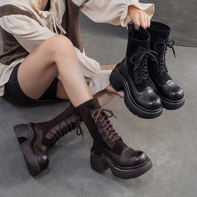 Ботинки до середины икры из натуральной кожи с вставками из эластичной ткани на толстой подошве, универсальные женские ботинки на платформе