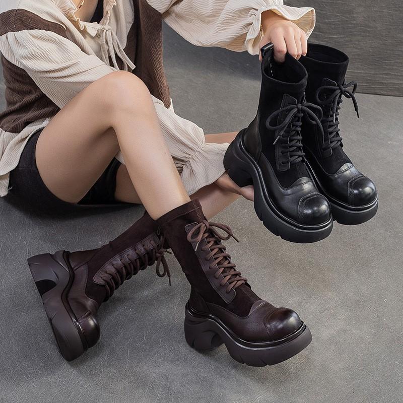 Johnature Genuine Leather Splicing Stretch Fabric Thick Soled Mid-calf Boots Versatile Women's Platform Boots