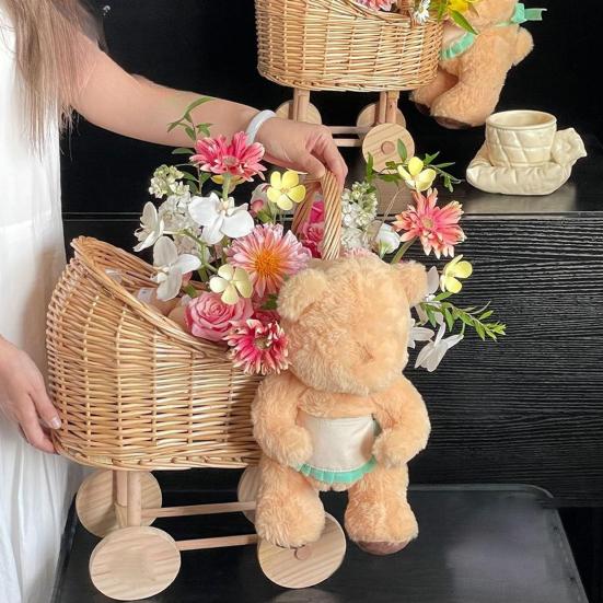 Stroller Shaped Flower Basket Rattan Woven Candy Basket with Handle Portable Decorative Rustic Basket with Wheels for Weddings Baby Showers