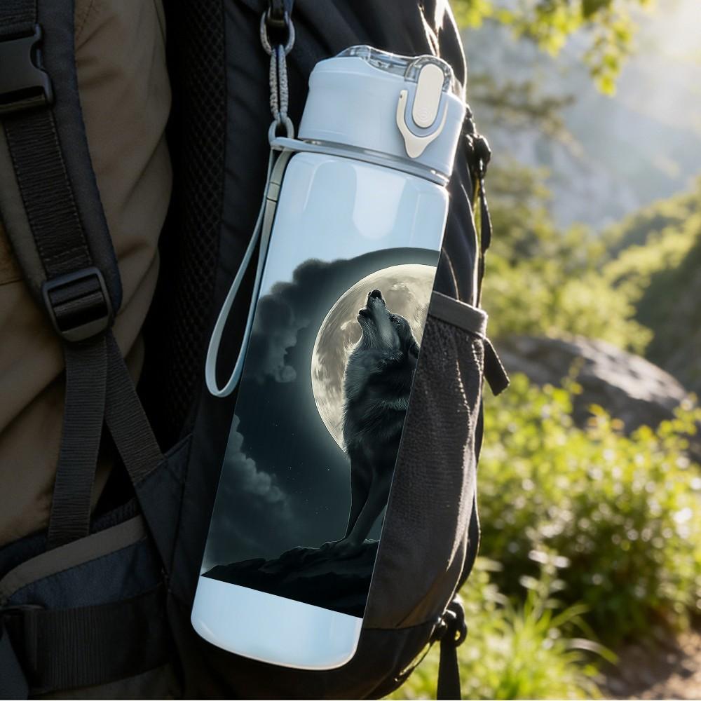 1PC Wolf Howling Moon Night Print 750ml Color Plastic Sports Water Bottle Leakproof Flip Straw Lid Suitable for Sports Office Home Use