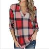 Women Vintage V-neck Loose Tops Long Sleeve Stylish T-shirt With Plaid Casual Design