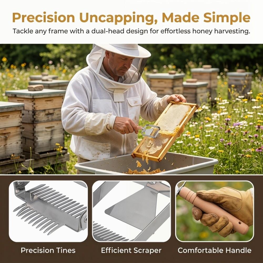 Stainless Steel Honey Scraper Tool Wooden Handle Uncapping Fork Scraper Apiary Supplies
