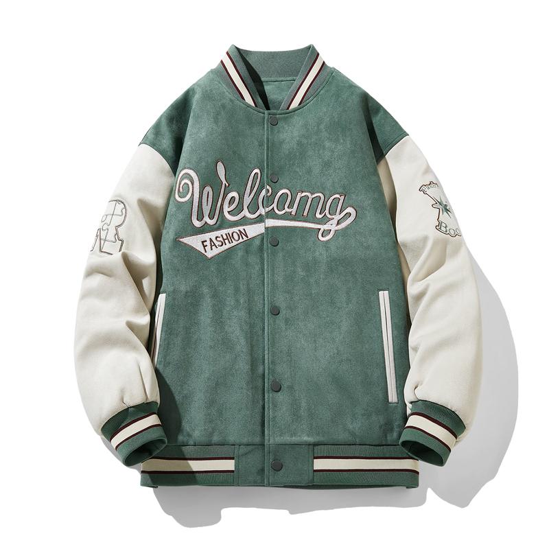 Embroidered Suede Men Spring Baseball Jacket Casual Harajuku Style Fashion Coat Outerwear for Daily Wear Streetwear