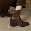 2024 Осень Женские Ботильоны Женские Ботинки с Круглым Носком Зимние Ботинки В Вестерн Натуральная Кожа Кожаная Обувь Офисная Женская Обувь Ретро