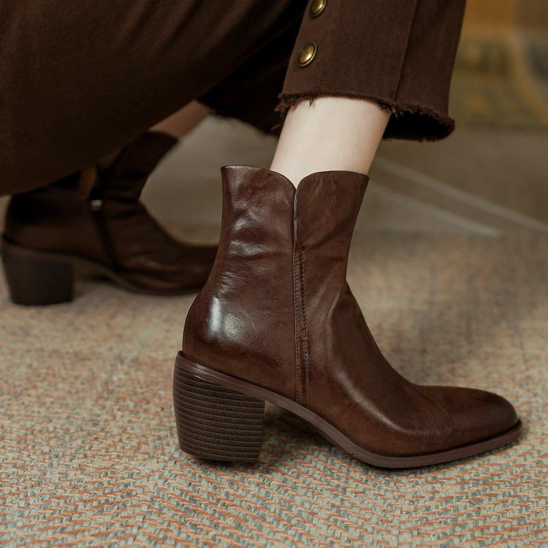 2024 Осень Женские Ботильоны Женские Ботинки с Круглым Носком Зимние Ботинки В Вестерн Натуральная Кожа Кожаная Обувь Офисная Женская Обувь Ретро