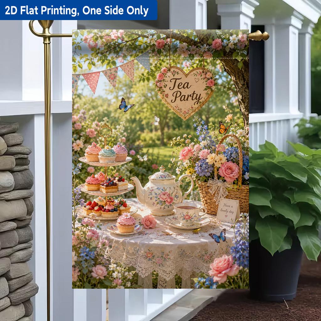 2D Flat - 2D Flat Printing Garden Flag 1pc, Tea Party Setup Polyester Garden Flag, Single-Sided Printing, Outdoor Holiday Decor for Home And Yard, 29.