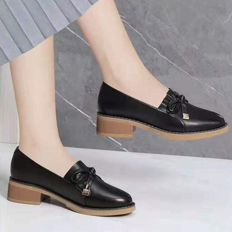 Женская обувь с круглым носком и бантом, кожаная, повседневная, на среднем каблуке, женские туфли-лодочки, отпускная стильная обувь по акции, шикарный острый носок со скидкой