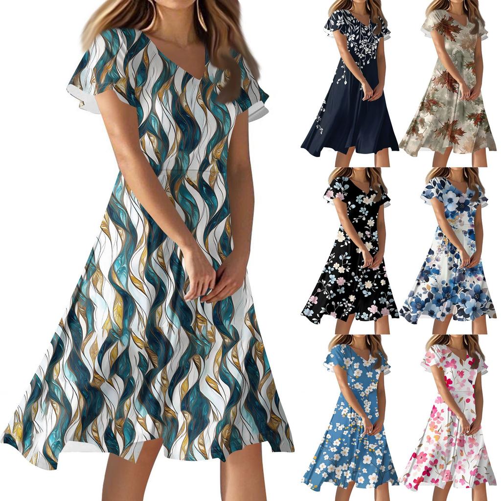 Women's Casual Fashion Flower Print Dress V Neck Short Sleeve Short Skirt