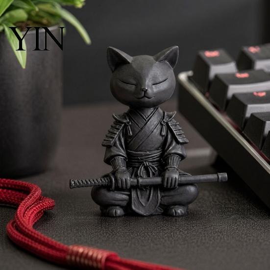 Small Stable Cat Model 3D Printed Knight Figurine, Meditating Desk Decor with Zen Warrior Pose, Desktop Minimalist Frosted Animal Sculpture for Office