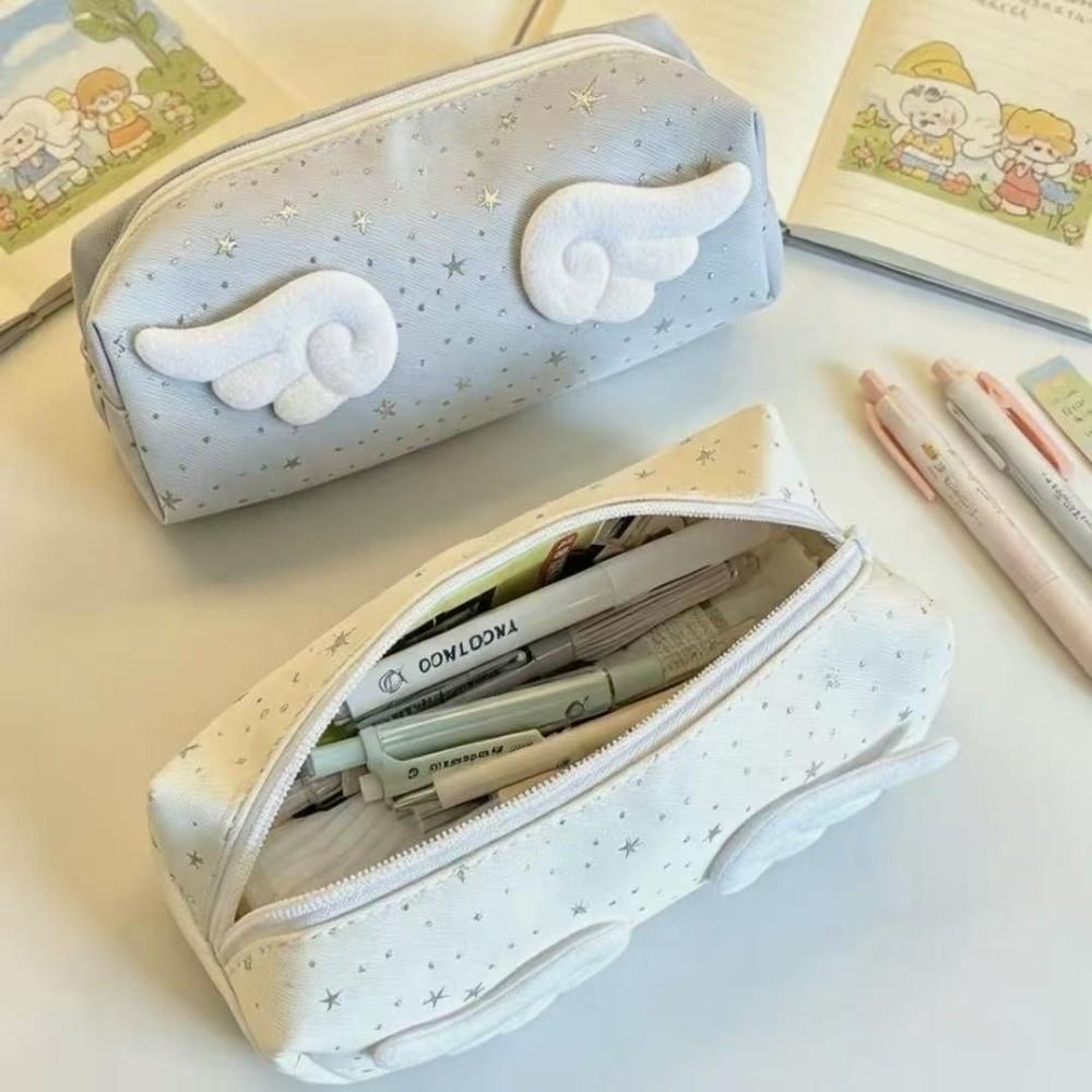 Multifunctional Star Print Pencil Case With Wings Decor Large Capacity Pen Bag Stationery Pouch Back To School