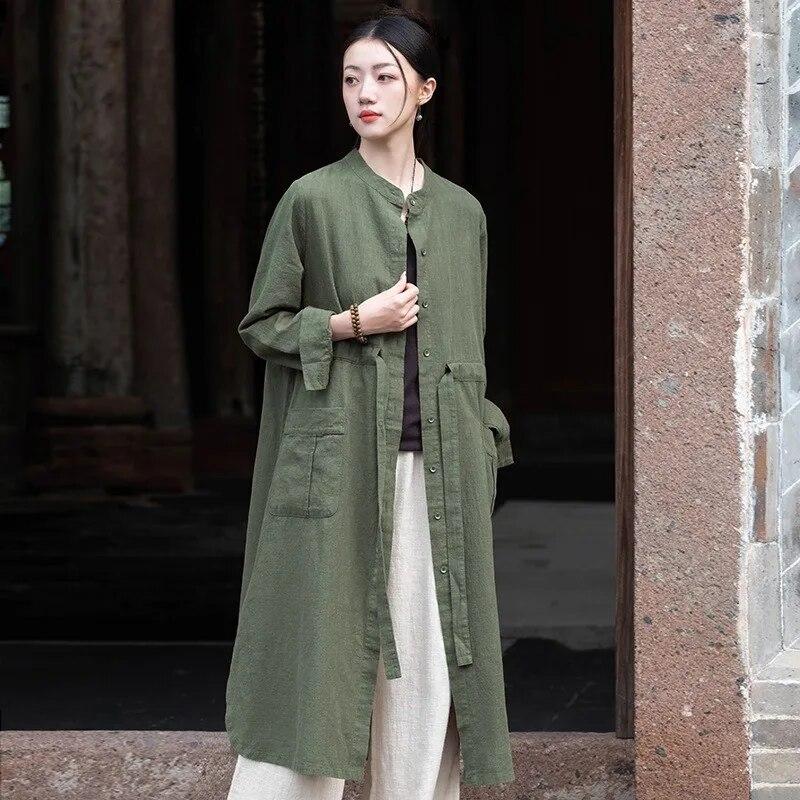 Johnature Women Chinese Style Bandage Trench Stand Long Sleeve Solid Color Autumn Coats Button Pockets Trench
