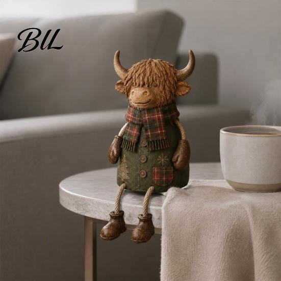 Christmas Holiday Decoration Highland Cow Figurine, Cute Ornament with Retro Plaid Clothing for Farmhouse Warm Festive Room Accents Tabletop Shelf And