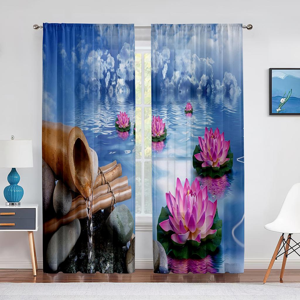 Zen Spa Green Bamboo Black Stone Flower Sheer Curtains for Living Room Bedroom Decorations Window Voiles Tulle Curtain Drapes