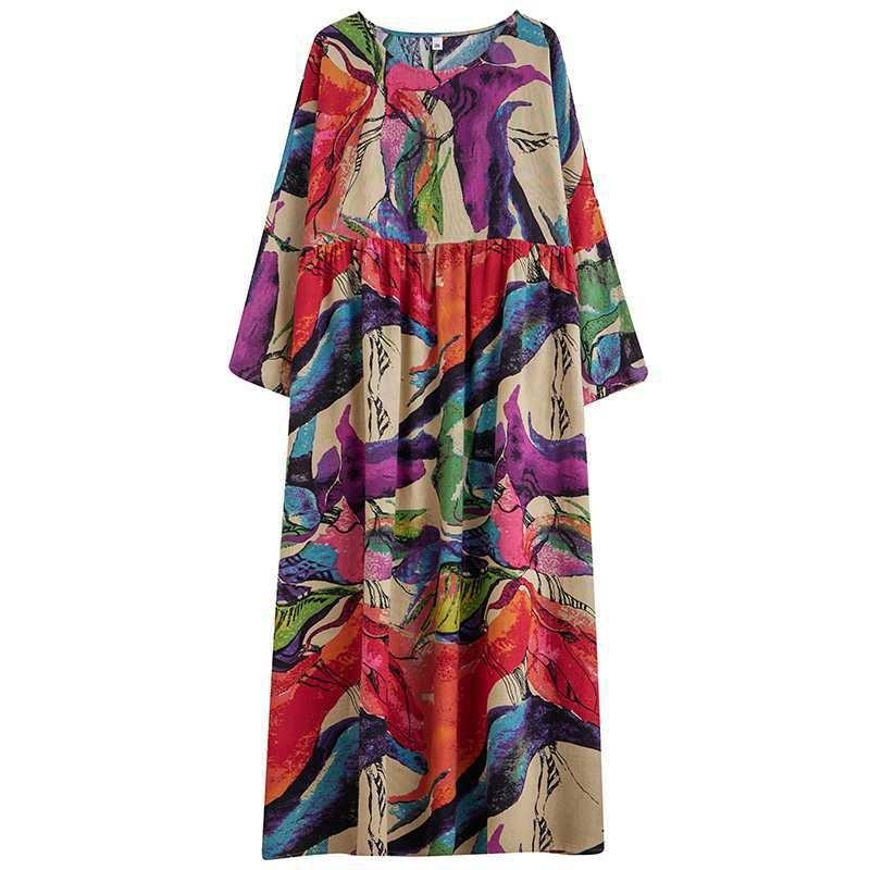 Круглый вырез Свободное Платье Литературное Плюс Сайз с Длинным Рукавом