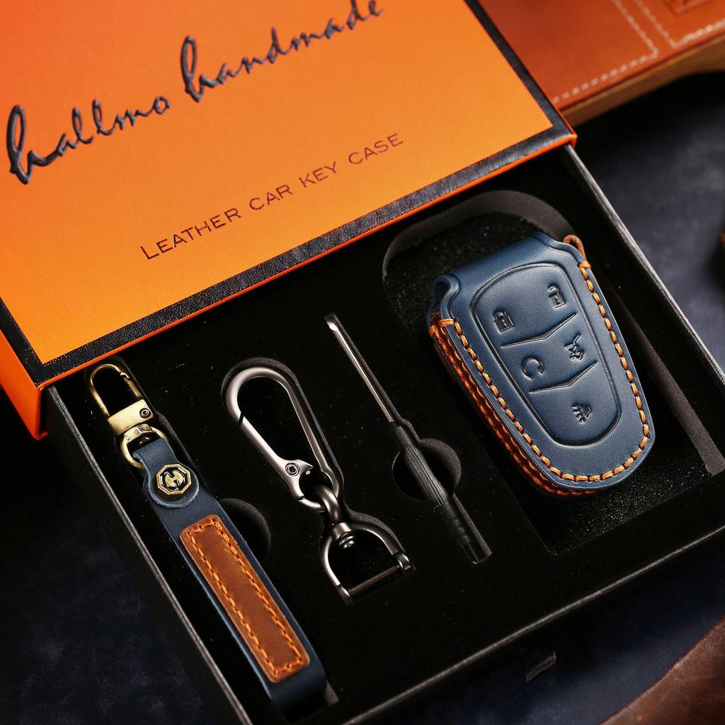 Чехол для ключа автомобиля из натуральной кожи и цепочка Cadillac XT4/XT5/XT6 - Ручная работа и высококлассный дизайн
