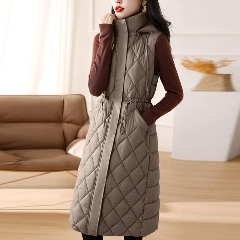 Осенний жилет без рукавов, женские парки с капюшоном, новая модная тонкая теплая одежда для женщин, длинные пальто, зимний жилет