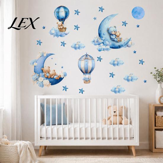 Cute Sleeping Bear Wall Stickers 2Pcs Starry Sky Stickers, Cartoon Moon Hot Air Balloon Decals, Decorative for Baby Boy Room Blue Peel And Stick