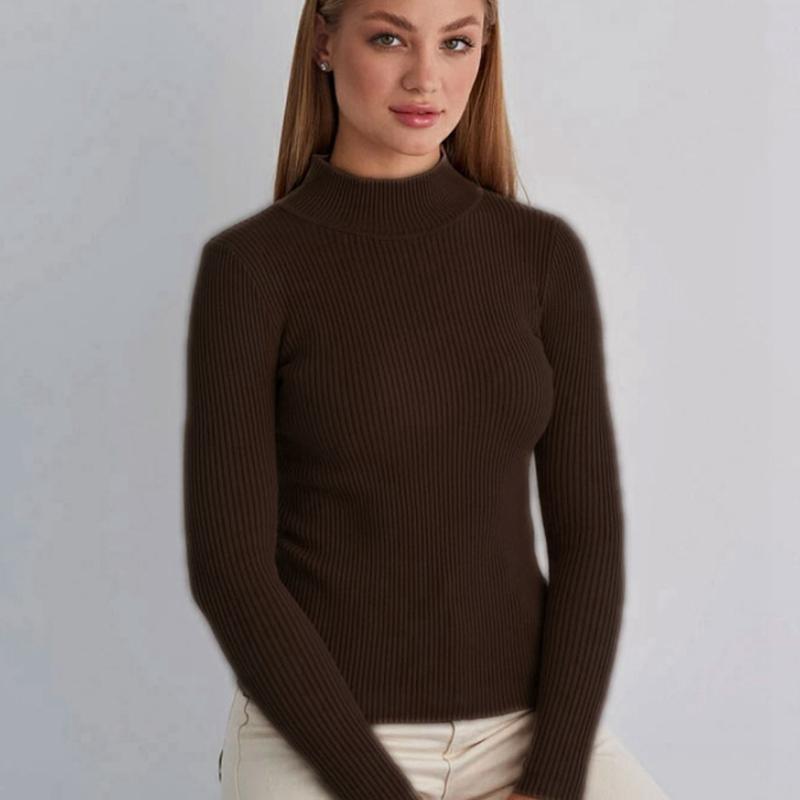 Женский осенне-зимний однотонный свитер с высоким воротником и длинными рукавами, облегающие вязаные топы