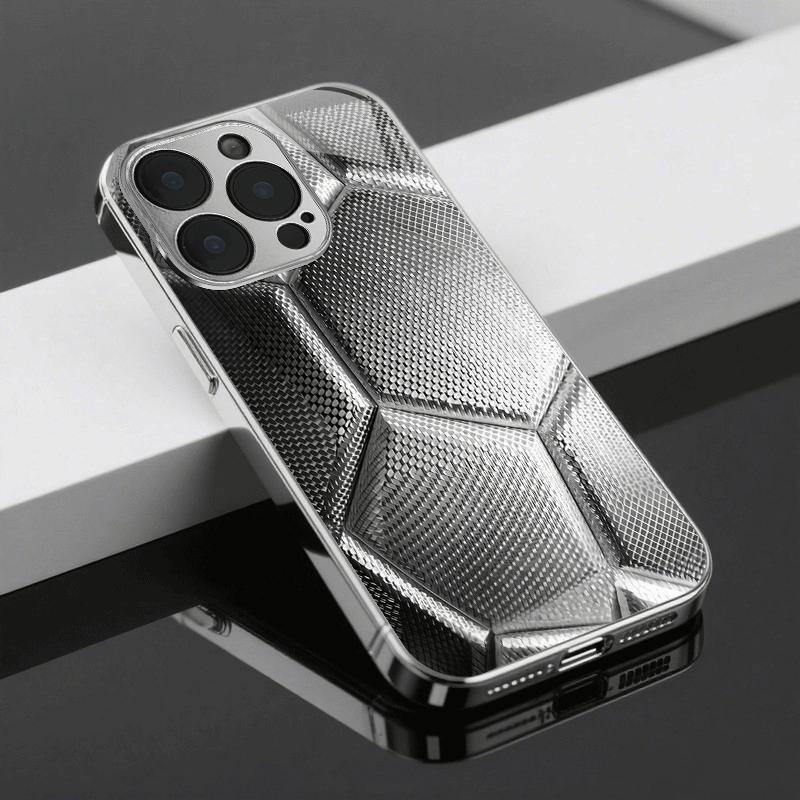 Премиальный стеклянный чехол с гальваническим покрытием для iPhone 17, 16, 15, 14, 13, 12, 11pm Pro Plus. Новая металлическая текстура футбольного мяча.