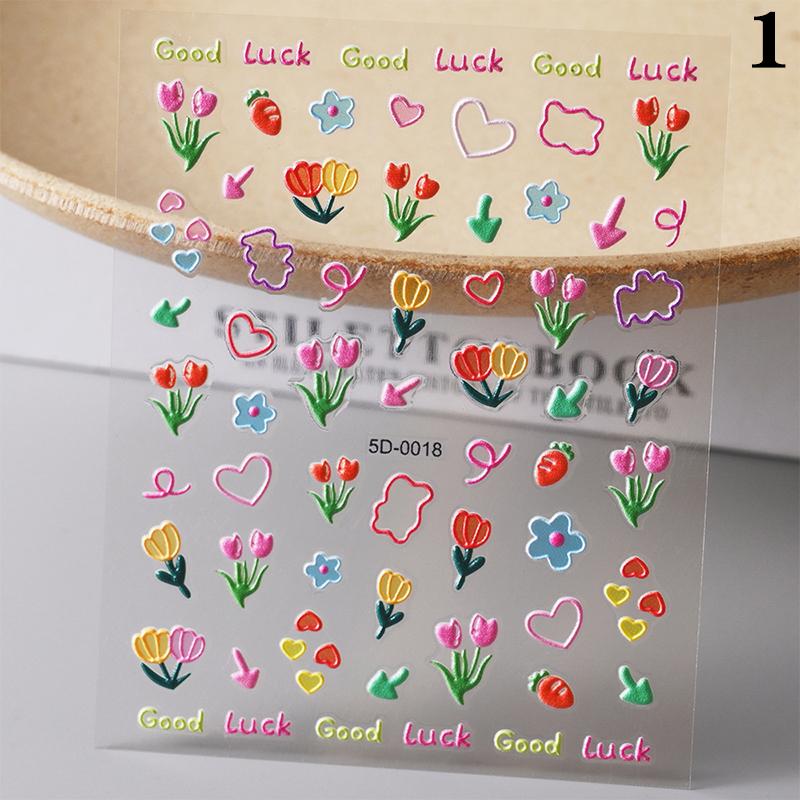 Dopamine Colored Relief Nail Stickers Cartoon Line Flower Pink Sweet Style Cute Nail Sticker Nail Art Diy Decoration