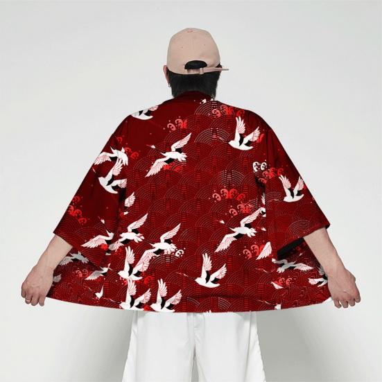 Мужская рубашка в японском стиле, традиционное кимоно с рукавом до четверти и принтом, кардиган с птицей, три свободных тонких средней длины, повседневное верхнее пальто