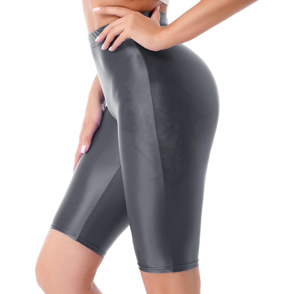 Womens Glossy High Waist Shorts Elastic Waistband Short Leggings Swimwear Workout Sports Bottoms