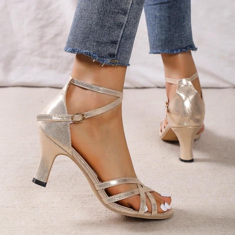 Ankle-Wrap Women Sandals Open Toe Buckle Strap Party High Heels High Heel Professional Catwalk Dance Shoes Zapatos Para Mujeres