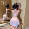 Сексуальное нижнее белье кружевное сетчатое с подвязками прозрачное сексуальное с глубоким вырезом на шее и сборкой на груди кокетливый халат