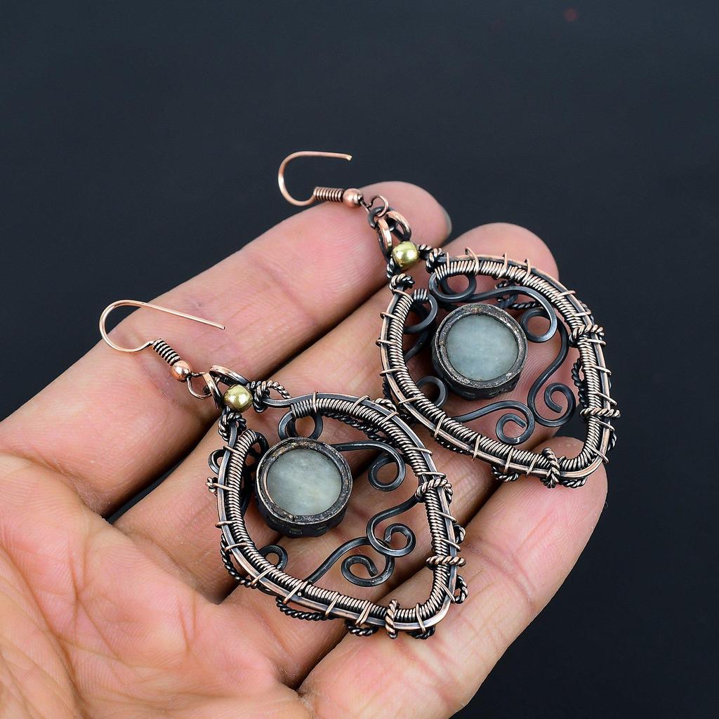 Серьги из аквамарина, обернутые медной проволокой 999 пробы, Ювелирные изделия из драгоценных камней ручной работы, Подарки для жены Совершенно новые серьги