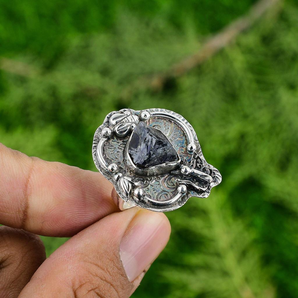 Gift For Her Natural Tanzanite Quartz Rough Promise Adjustable Ring 925 Silver