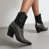 Fashion Brand Rhinestone/Rivet Color Blocking Western Short Boots Autumn Winter New 8cm Thick Heel Black Chelsea Women Boots Size 34-43
