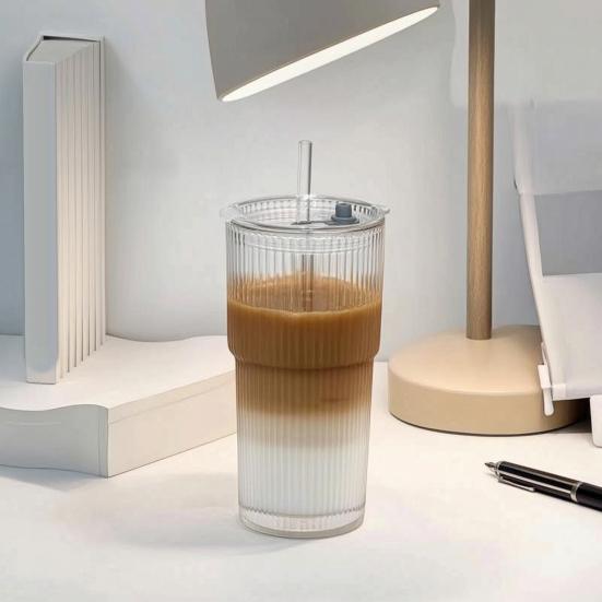 Стеклянный стакан с ребрами, крышкой и соломинкой, объем 560 мл, стакан для холодного кофе, многоразовый стакан для холодных напитков для дома, дорожная кружка, подходящая для подстаканника автомобиля